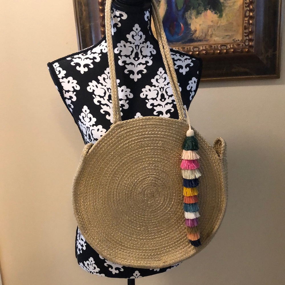 Jute Blend Round Shoulder Bag With Multi-Color Ta… - image 2